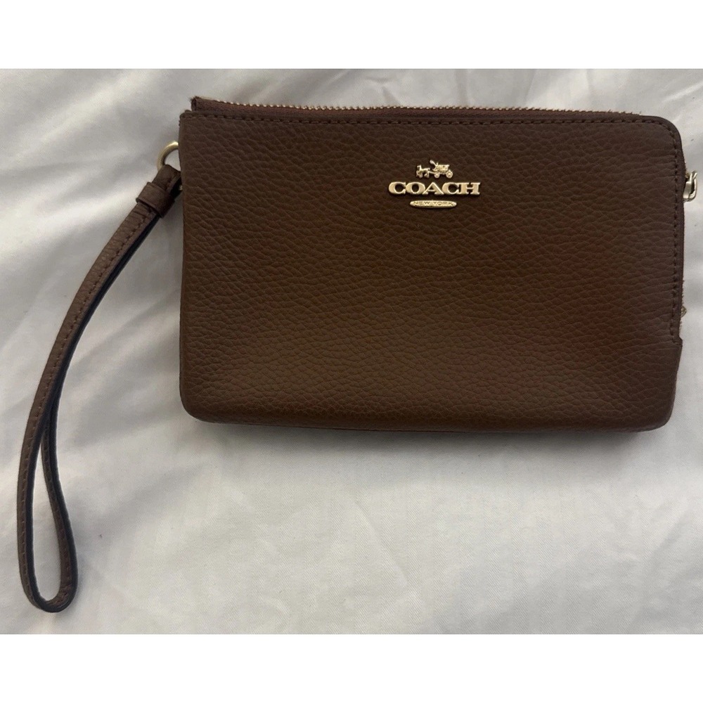 Coach Brown Pebbled Leather Double Corner Zip Wristlet